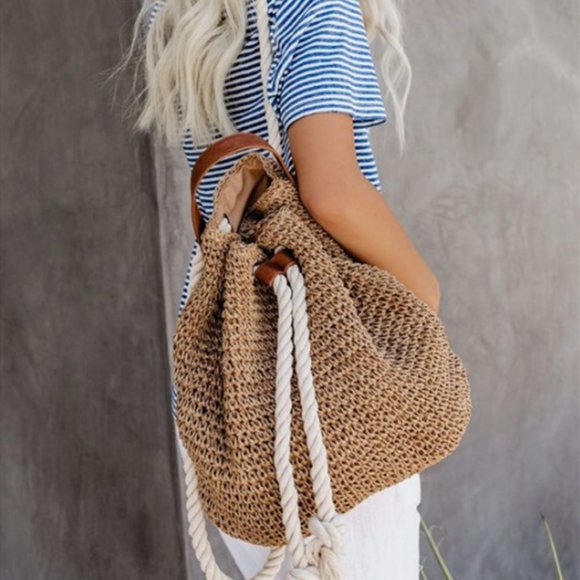 NWT Boho Beach Raffia Woven Rope Backpack - Picture 10 of 11